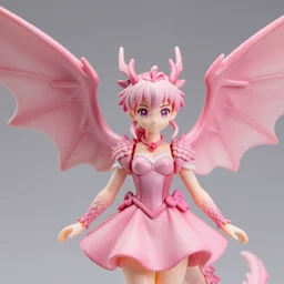 accurate detailed pvc anime styled, dragon girl with pink scales, wearing a pink dress, giant wings, figurine!!!, studio lighting, grey background, no shadow, trending on artstation, 4 k, sharp, highly - detailed, focus on face!!!