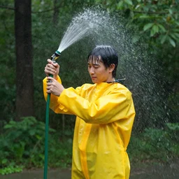 person in a forest, wearing a yellow slicker, using a garden hose as a fountain, water pouring over their head
