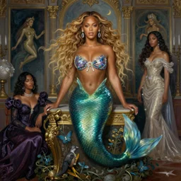 beyonce knowles as a mermaid, royal interior, highly detailed painting extremely beautiful and aesthetic and detailed, with familiar sprites, chiaroscuro, intricate, masterpiece, fantasy illustrations by ilya kuvshinov and jeremy lipking and quentin mabille