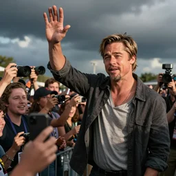 a still of brad pitt waving to fans.