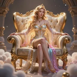 a beautiful female god of furnitures character, character is in all its glory, character is centered on the image, character is in her natural pose, rim lights, magic in the air, fancy clouds, highly detailed professional photo, dynamic lights, particles are flying, depth of field, trending on artstation, illustration, hyper realistic, vray caustics, super detailed, colorful accents, cinematic shot
