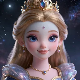 a princess ruling over the milky way, 4K, beautiful, space, magical, cute, realistic, artstation, face, eyes, smiling