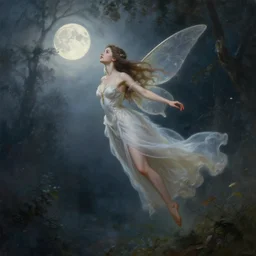 a portrait of beautiful fairy goddness fly high in the night, d & d, fantasy, mist, full moon in background, trees, hyper detailed,, midium shot, an oil painting by ruan jia, trending on artstation, concept art, sharp focus, illustration, gaston bussiere, craig mullins, j. c. leyendecker, beautiful lighting