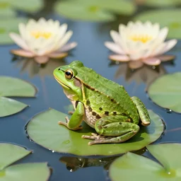 A frog sitting on a lily pad in a pond. The pond is full of lotus flowers and the frog is surrounded by them. The frog is looking up at the sky and the sun is shining down on it.