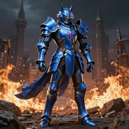 a full body shot of an azure knight warrior by Kentaro Miura, Wolf themed armour, colored by Ronda Pattison, heavy armor, kingdom under fire in the background, dark colors, highly detailed, trending on artstation, CGsociety, exquisite detail, post-processing, masterpiece, volumetric lighting, cinematic, hypermaximalistic, high details, cinematic, 8k resolution, beautiful detailed, insanely intricate details