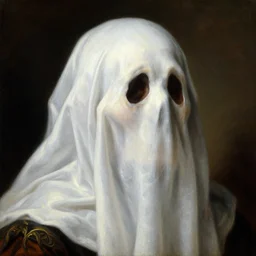 a baroque neoclassicist close - up portrait of a halloween ghost wearing a white sheet. renaissance portrait. highly detailed science fiction horror painting by norman rockwell, frank frazetta, and syd mead. rich colors, high contrast, gloomy atmosphere, dark background. artstation