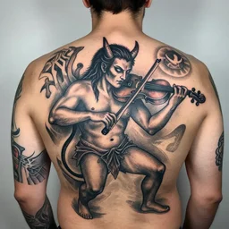 a man with a tattoo of satan playing a fiddle on his back, a tattoo by richard mortensen, reddit contest winner, primitivism, tattoo, detailed, intricate