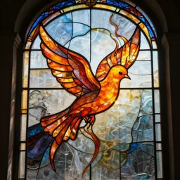 a stained glass window of a flaming dove, in the style of abstract ink art, dramatic lighting, cinematic, establishing shot, extremely high detail, photo realistic, cinematic lighting, post processed, concept art, artstation, matte painting, style by eddie mendoza, raphael lacoste, alex ross