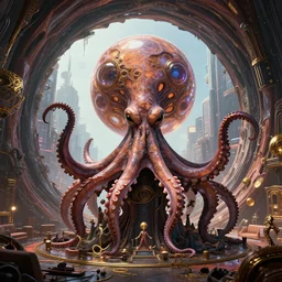 photo of a chtulu mandelbulb schpongle octopus bioshock xenomorph portrait in a huge hell portal ritual, by wlop by jungyeonmin and james jean jhonseru jsezz artstation and greg rutkowski, with some wood and gold details, biomechanical, lens orbs, global illumination, with a window overlooking a cyberpunk metropolis, lounge, architectural, volumetric lighting, granular detail, japandi, hyperrealist, ( no people in the scene ) micro details, blender, vray