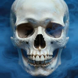 skull and beautiful waterall through skull eyes and nose blue fog around skull head