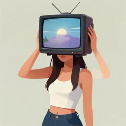a woman, wearing a TV over her head, digital art, trending on artstation