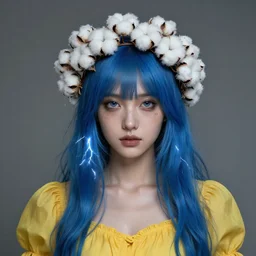bavovna goddess, with blue hair, yellow dress, crown of white! cotton!!!! flowers, beautiful symmetrical face!!!, cinematic lightning, murky dusty deep smoky eyes, isolated, studio lighting, artgerm, yuri shwedoff, tom bagshaw