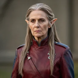 portrait of a beautiful aging elf with long light brown greying hair, thin long ears, her face is dour and authoritative, she is wearing a leather military uniform overcoat with reds and blues