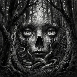 forest of the soul, eyes of strange creatures hiding in the dark waiting to devour, snakes to strangle, cobwebs and old trees, a glimpse of hope, ink and ballpoint