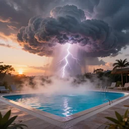 a beautiful render of a steaming swimming pool dissolving into a thundercloud, steam, smoke, lightning, volumetric lighting, sunset, very detailed, hyperrealistic, unreal engine 5, raytracing