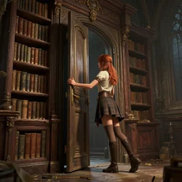 highly detailed digital illustration of a young woman opening a secret door behind a bookcase in an ancient abandoned castle by mandt jurgens | fantasy art, cryengine, concept art, photorealism, daz 3 d, sketchfab, zbrush, vray, rule of thirds, golden ratio