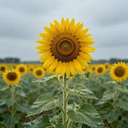 a sad sunflower on a rainy day, standing in a wide field, in a symbolic and meaningful style, trending on artstation, picasso.