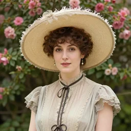 portrait! of a lovely lady! wearing a big hat! edwardian haircut! 1 9 0 0 s! edwardian dress! flowers behind her!