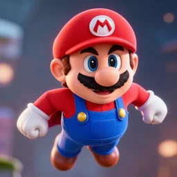 body portrait of posing super mario as superman superman in superman returns xbox 3 6 0, hat, face, flying, cinematic lighting, ray tracing, octane render, long lens, shallow depth of field, bokeh, anamorphic lens flare, 8 k, hyper detailed, 3 5 mm film grain