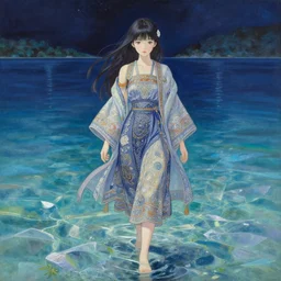beautiful young girl in intricate clothing by ross tran, walking on a crystal clear lake at night, painted by sana takeda, reflections, very high intricate details, painting by liu xiaodong, digital anime art, medium shot, mid - shot, composition by ilya kuvshinov, lighting by greg rutkowski