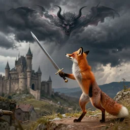 anthropomorphic fox!! who is a medieval knight holding a swo - rd towards a stormy thundercloud that resembles a demon [ 1 9 3 0 s film still ], ( fantasy castle in the background )