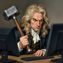 a close - up photo of angry isaac newton hitting a desktop computer monitor with thor's hammer, artwork by gaston bussiere, craig mullins, trending on artstation