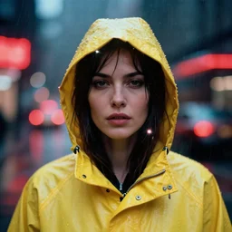 A hyper realistic and detailed head portrait photography of a woman wearing a futuristic yellow raincoat with hoodie on a rainy day. by annie leibovitz. Neo noir style. Cinematic. Swirly bokeh. Red neon lights and glow in the background. Cinestill 800T film. Lens flare.