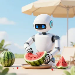 a robot cutting watermelon under a sun umbrella on a summer day, sharp focus, trending on artstation, digital art, smooth, cinematic lighting, unreal engine 5