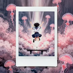 realistic and super detailed school girl jumping on the explosion bridge, rainy weather, vapor, the palms come from the depths, rays of light breaking through the air, pink jellyfish everywhere, super detailed and realistic, polaroid manga infrared poster, grid and web, minimalistic composition, center of frame, dramaticlly deep composition, pastel tones, center of the frame, redshift, octane, in the style of Hiro Kiyohara, oil canvas painting