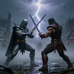 skeletor and he - man in a sword fight, fog on the ground, heavy rain, lightning, moody lighting, shallow depth of field,