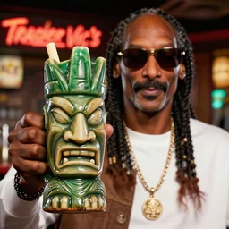 a closeup photorealistic photograph of snoop dogg at trader vic's bar holding a tiki mug featuring his face on the front of it. brightly lit scene. this 4 k hd image is trending on artstation, featured on behance, well - rendered, extra crisp, features intricate detail, epic composition and the style of unreal engine.