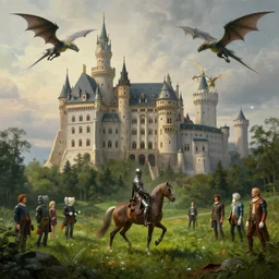 beautiful matte art of a big castle in a serene landscape, a knight riding a horse, dragons flying, by albert bierstadt, green grass, highly detailed, crystal lighting, mystical, forest, hyperrealistic, 4 k, unreal engine, magical, by joe fenton, by greg rutkowski, by greg tocchini, by kaws, by kate beaton, by kaethe butcher