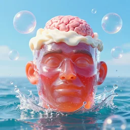 a funny sculpture of a squashed human head made from juicy jelly wrapped in cling film with ice cream spread on it on ocean water, funny face, brain, giant bubbles, 3 d objects, realistic water splashes, water art, vibrant, in the style of mike campau, cg render, ray tracing, 8 k resolution, sharp