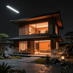 real estate photo of the exterior of a futuristic japanese house with traditional japanese garden, dramatic lighting, smoke, ceiling fluorescent lighting, black and orange colour palette, wide shot, twinmotion render