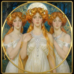 Kiernan shipka as the three graces, a beautiful art nouveau portrait by Gil elvgren, Moonlit forest environment, centered composition, defined features, golden ratio, silver jewelry
