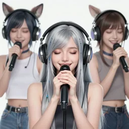 KDA Ahri with her eyes closed singing facing the camera centered with headphones on in the style of a code vein character, momo from twice in code vein in the style of WLOP, artgerm, yasutomo oka, rendered in unreal engine and redshift octane , background is surrounded by epic neon glitch effect digital art dynamic dramatic lighting, soft lighting, imagine fx, artstation, cgsociety, by Bandai Namco artist,