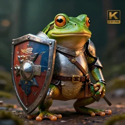a frog, dressed as a knight, holding a large shield, battle armor, atmospheric lighting painted intricate volumetric lighting, beautiful, sharp focus, ultra detailed, sharp, mindblowing, 4 k uhd, 8 k