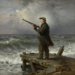 old fisherman holding a machine gun standing on a broken wooden dock in halifax, tumultuous sea, moody sky as painted by rembrandt