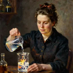 marie curie boiling water in a beaker over a flame, john singer sargent, detailed oil on canvas painting