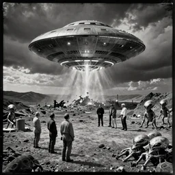 tintype, wide view, thundra ufo crash site, team of scientists studying captured alien beings