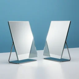 two mirrors are at an angle parallel to each other refracting each other recursively on a table, octane render 8 k