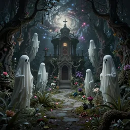 whimsical ghost garden at the end of the universe, by hp lovecraft, otherworldly ghouls, by greg rutkowski, by zdzisław beksinski, thalassophobia, very detailed, by andree wallin