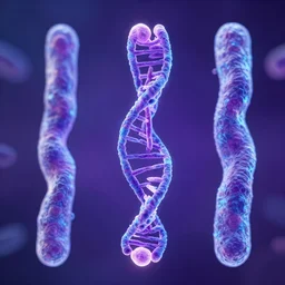 3 d render, gene segments, iridescent glowing light, purple and blue color scheme