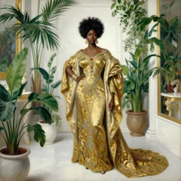 high quality high detail painting by ilya repin and john singer sargent, black woman in a white room with many plants, intricate costume design, orientalist, partially gold, ornate, elite, luxury, hd