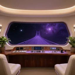 Film still of the bridge of a space ship, stars and nebula outside, huge viewscreen at front, control panels, dark walnut wood effect, pot plants, organic, white leather, high end interior, soft warm light, purple highlights, simple ceiling, soft edges, calm feeling, Cinestill colour cinematography, anamorphic, detailed, 4k, 8k, intricate, digital art, matte painting