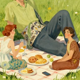 close up of a person relaxing at a picnic, photo realistic illustration by greg rutkowski, thomas kindkade, alphonse mucha, loish, norman rockwell.