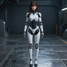 beautiful girl as cyborg, trending artstaition, cinematic, full body, metal floor, high ceil, unreal engine