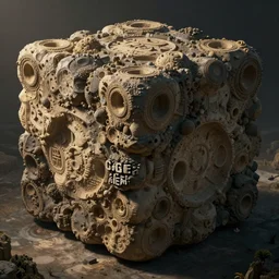 a giant cube covered in greebles