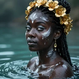 hyperrealistic post - classical cinematic very beautiful! black oshun goddess with white eyes in water, white body paint, mirror dripping droplet, gold flowers, highly detailed digital art masterpiece, smooth etienne sandorfi eric zener dramatic pearlescent soft teal light, ground angle uhd 8 k, sharp focus