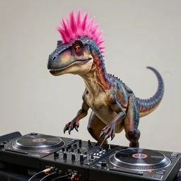 Velociraptor with a pink mohawk DJing with DJ turntables, photoreal